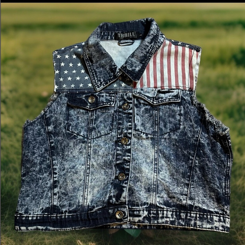 Thrill Women's Acid Wash Denim Vest with American Flag Yoke - Black/White/Red